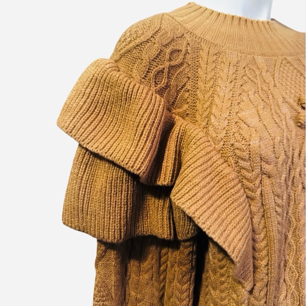 Mustard Cable Knit Ruffle Sweater - Chunky Cozy Fall Pullover - Women’s XL - Picture 3 of 10